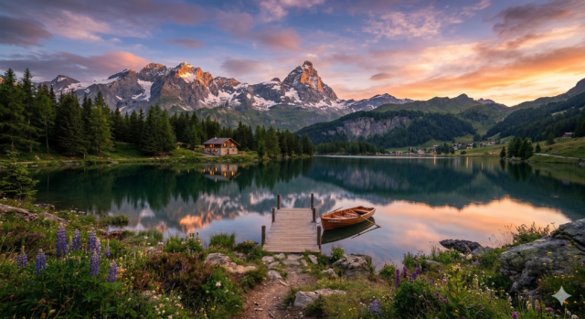 Serene Reflections An Alpine Sunset Over Mountain Peaks