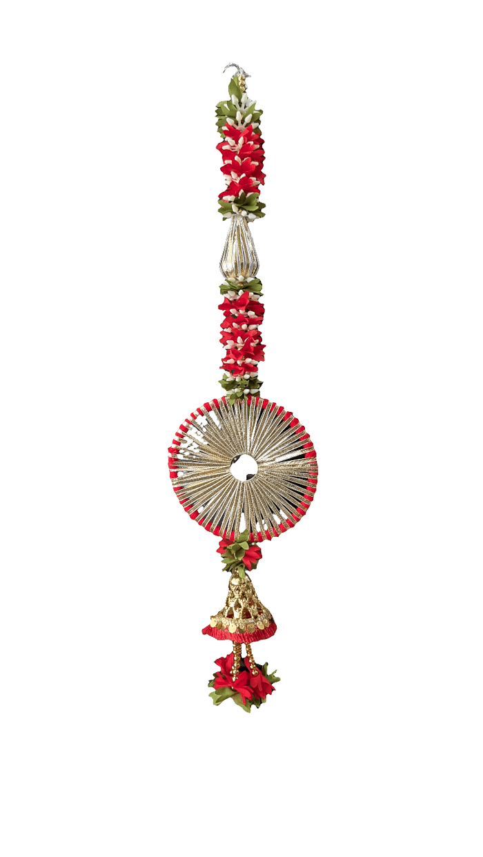 Artificial Marigold Hanging Toran (Red) Chakra and Bell Set of 2 - Image 1