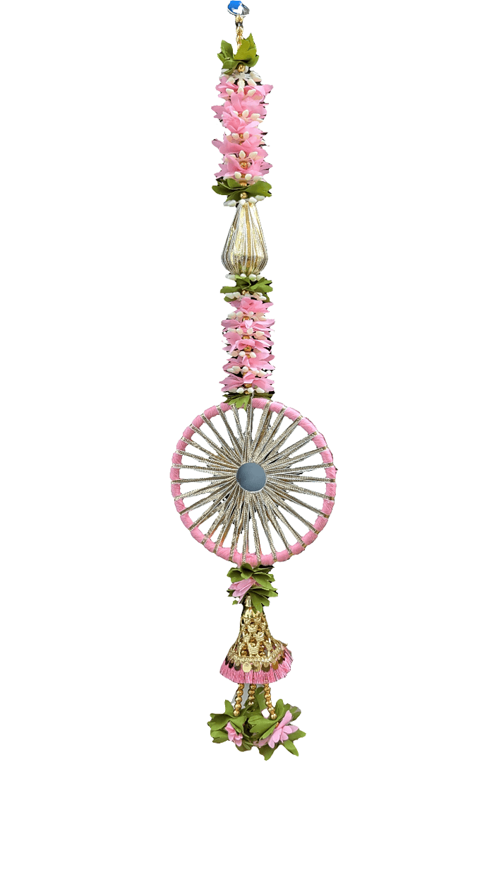 Artificial Marigold Hanging Toran (Pink) Chakra and Bell Set of 2 - Image 1
