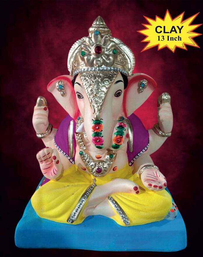 Ganesh Idol 13" Home Visarjan Kacchi Mitti (Eco Friendly - 131 (Diamond) - Assorted Colour - Only Berlin same day delivery - Image 1